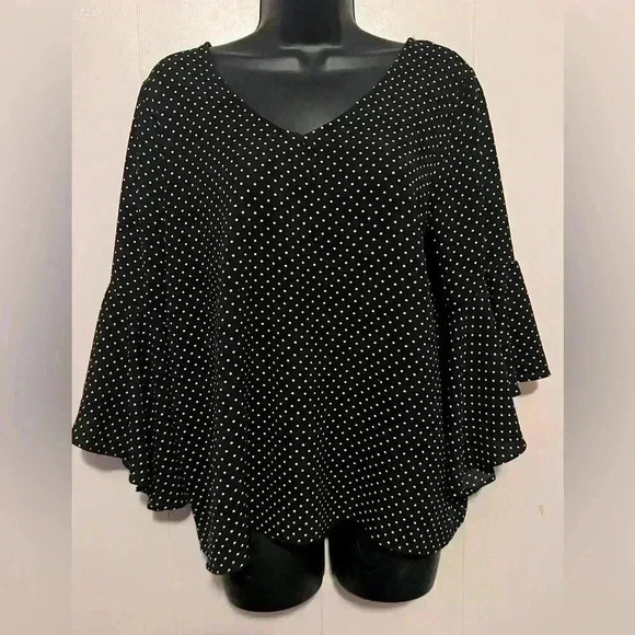 Green Envelope Black White Polka Dot 3/4 Angel Sleeves Back Tie Blouse Womens M - Picture 1 of 5